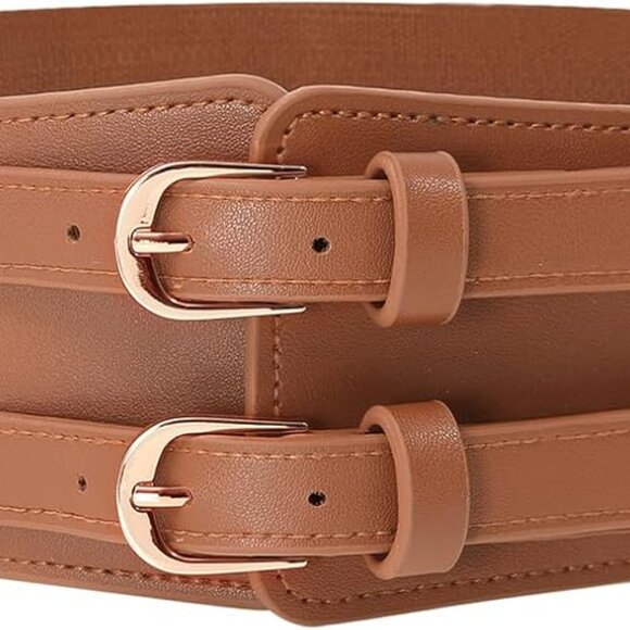 Elastic Wide Waist Belt Women Vintage Cinch Belt Double Buckle Stretchy Corset - Picture 2 of 7